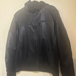 NWT Fried Denim Black Faux Leather Jacket Bomber/Moto Lined Hoodie Large